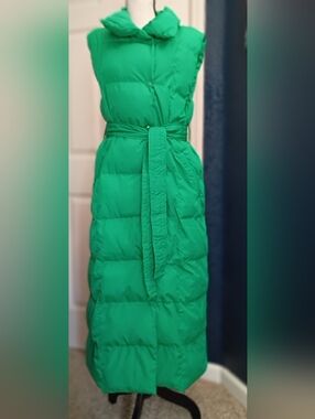Sleeveless Green Puffer Maxi Dress with Tie Belt